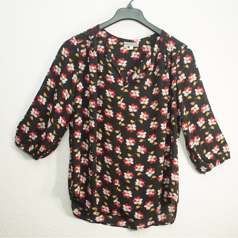 Pleione Blouse Womens Large 3/4 Long Sleeve Black Floral Print Shirt Lightweight